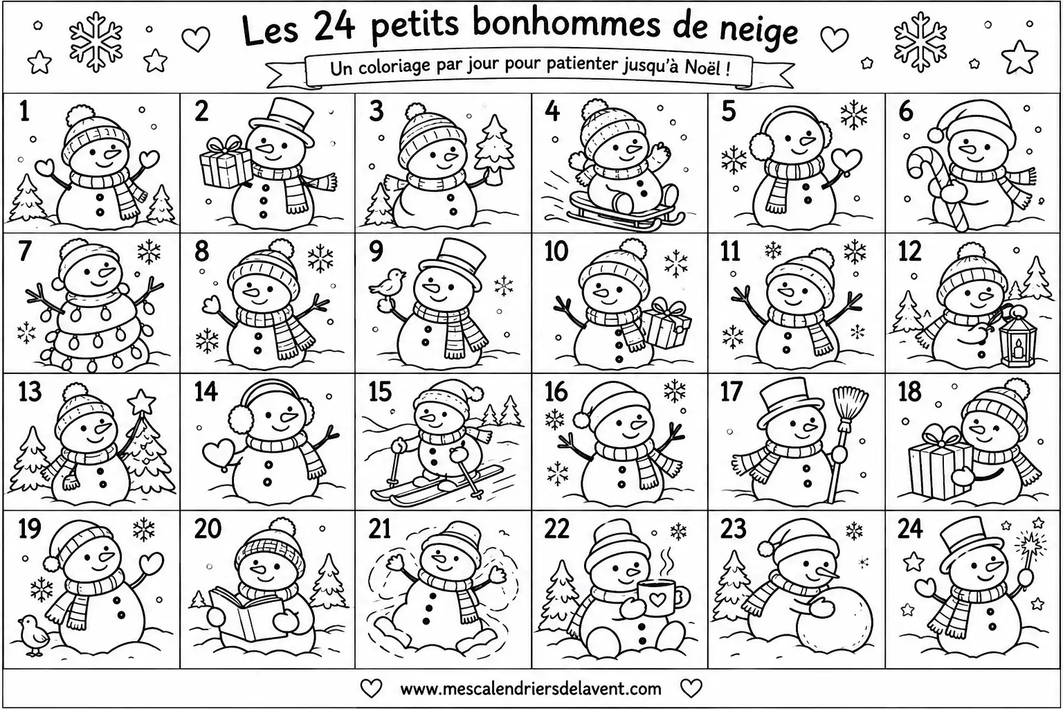 Coloriage Calendrier Avent 24 bonhommes neige