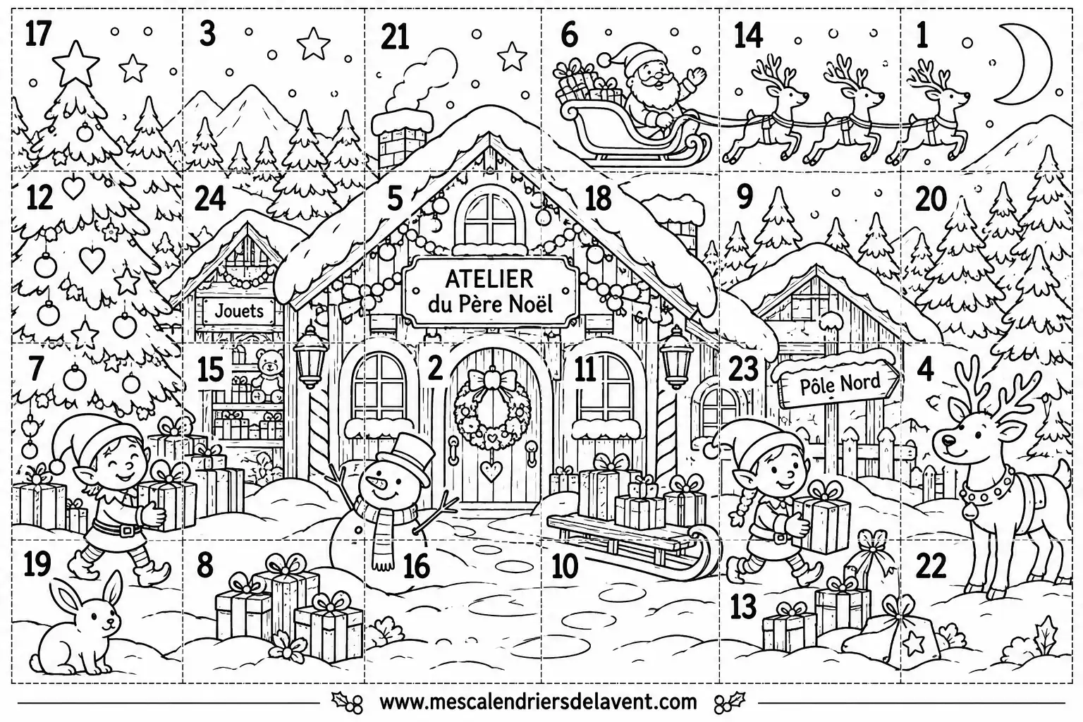 Coloriage Calendrier Avent Le village du Père Noël