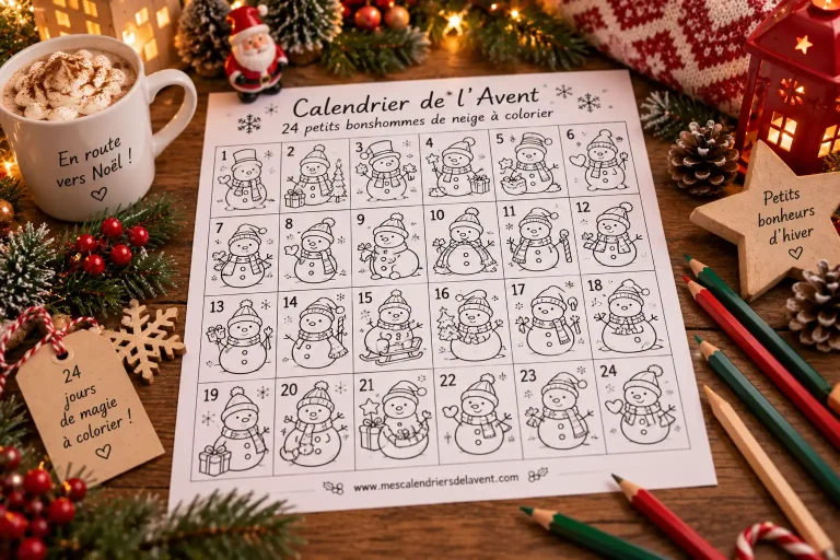 Imprimable Coloriage Calendrier Avent 24 bonhommes neige