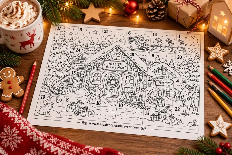 Imprimable Coloriage Calendrier Avent Le village Père Noël