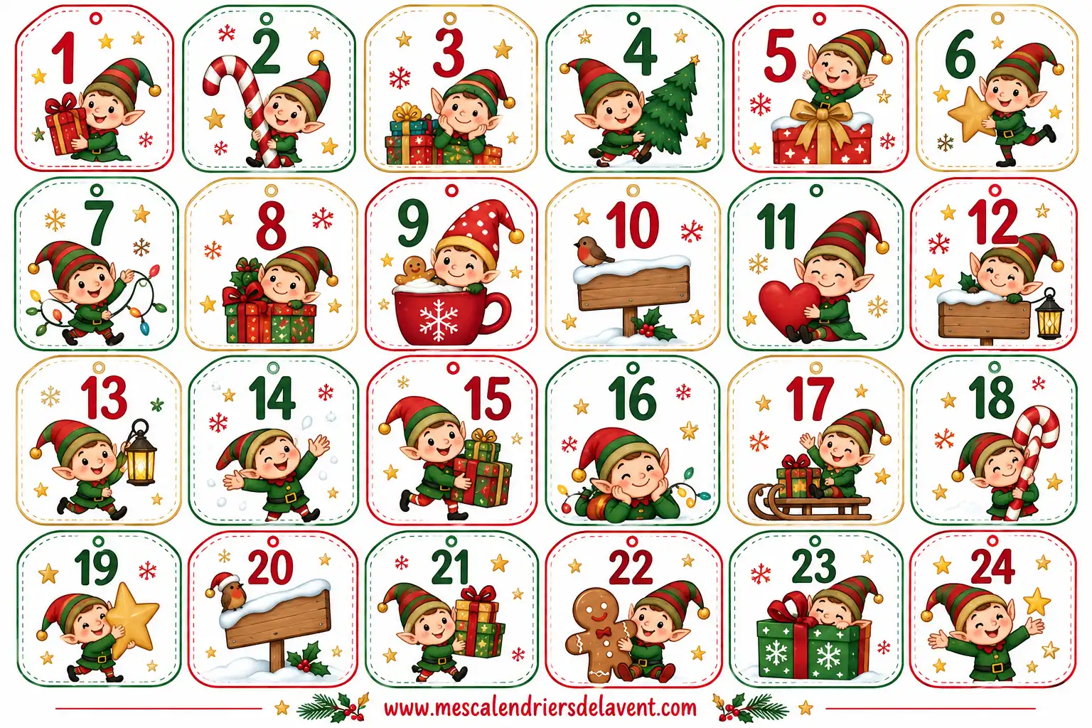 Thème lutins imprimer Numéros calendrier Avent